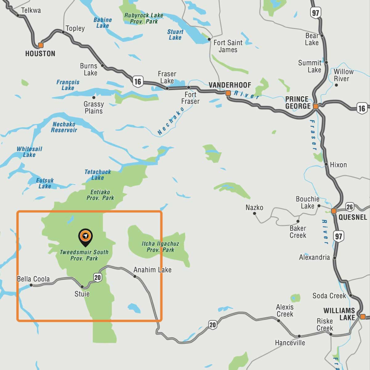Tweedsmuir Park - Alexander Mackenzie Heritage Trail BC - Park Map
