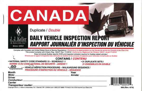 Canadian Drivers Daily Vehicle Inspection Report Book Bilingual -  MapArt
